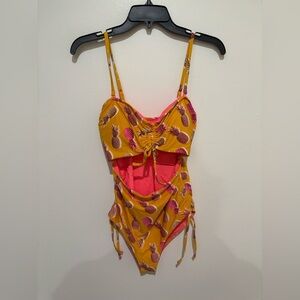 Aerie Yellow and Pink One Piece Swimsuit with Cut-Out Details